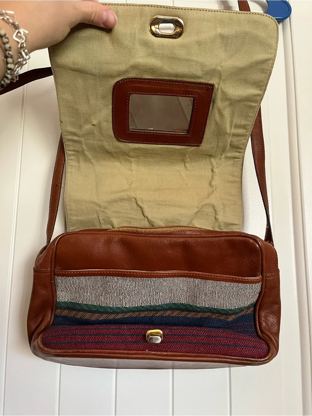 Vintage Leather-Trimmed Canvas Messenger Bag in Brown and Multicolor